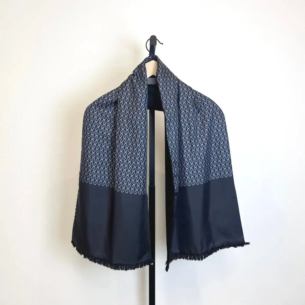 HERMES Black Angora and Silk Scarf with Fringe Hem NEW Chain Pattern Rectangle